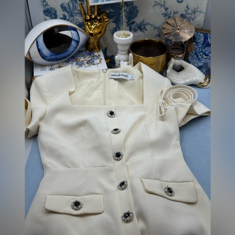 🆕 SELF-PORTRAIT 🧿 BNWOT Cream Ecru Crepe Buttoned Midi Dress, Sz UK 6/ US 2 - Picture 11 of 14